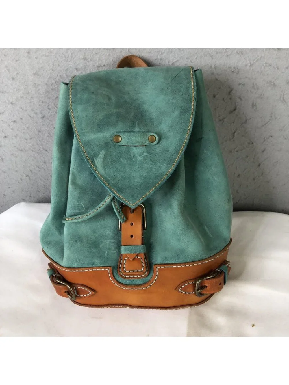Bespoke Backpack Bag Womens Small Turquoise Brown Leather Boho Drawstring Casual - Picture 1 of 16